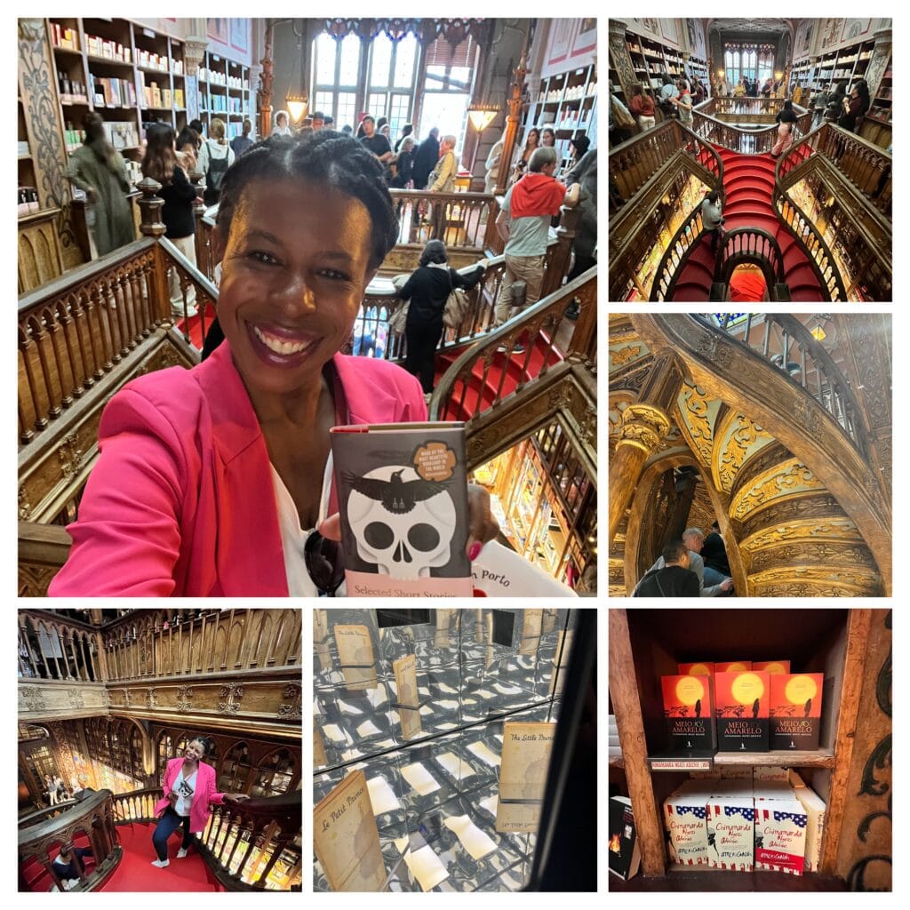 DG Speaks - Travel - Collage of Mercedes posing inside the beautiful Livraria Lello bookstore in Porto, Portugal