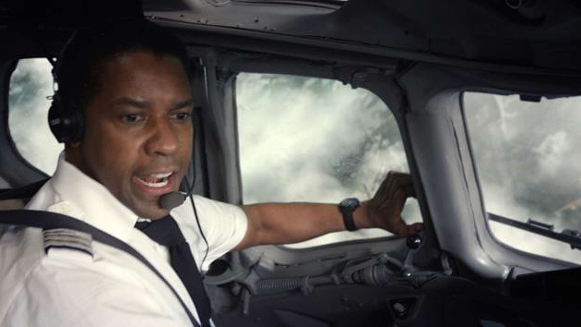 Captain Whip Whitaker (Denzel Washington) realizes the airplane he's piloting is virtually doomed. Image courtesy of Paramount Pictures.