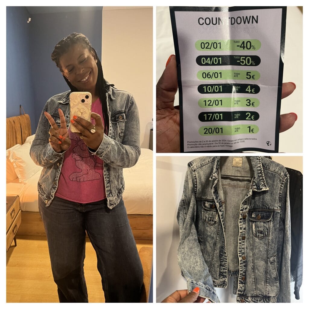 DG Speaks - Lifestyle - Sustainable Travel Wardrobe - Thrift denim collage. Mercedes showing off her finds.