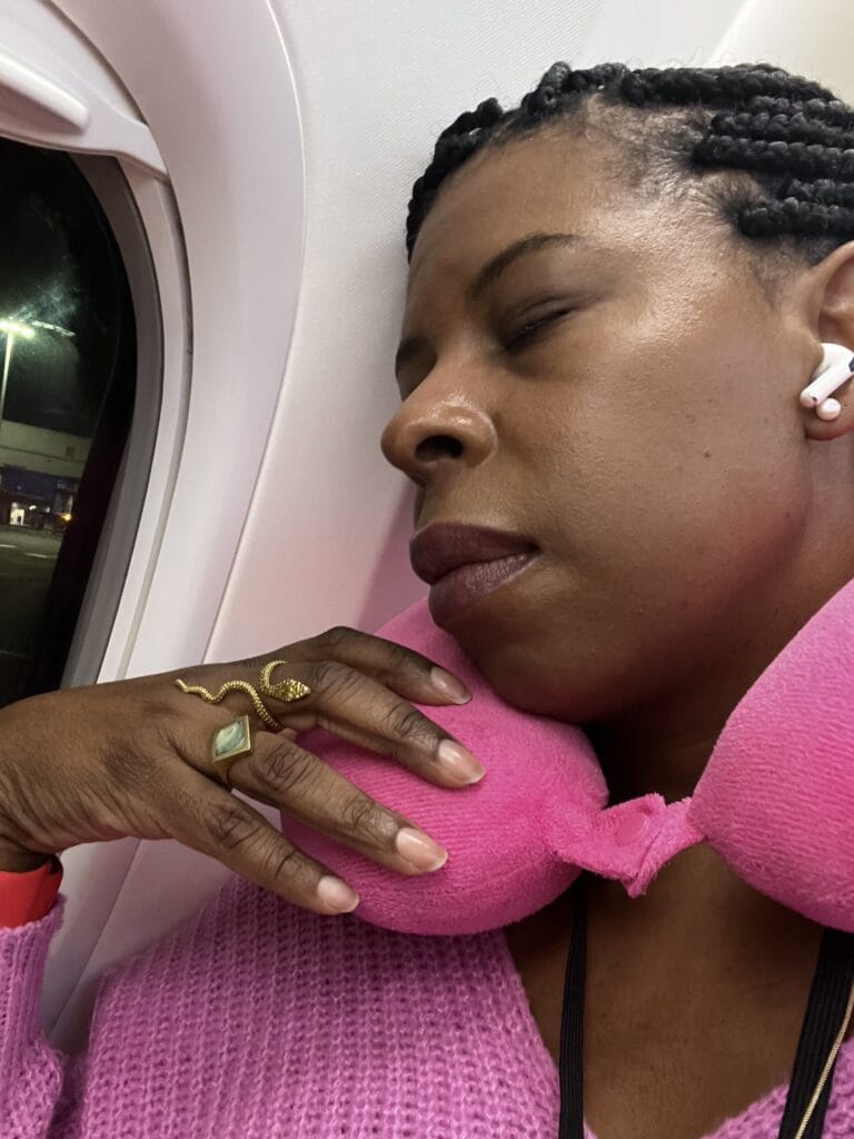 DG Speaks - Travel - Navigating Airports - Mercedes sleeping on the plane with pink travel pillow