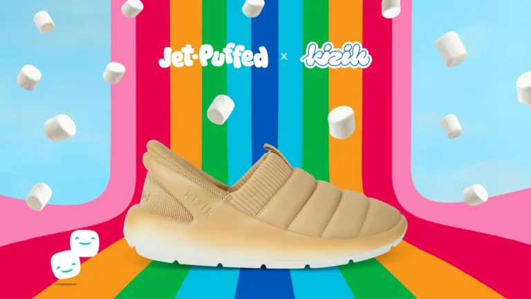 Jet-Puffed and Kizik’s s’mores-inspired sneakers with golden-brown uppers resembling graham crackers and white soles like marshmallows.