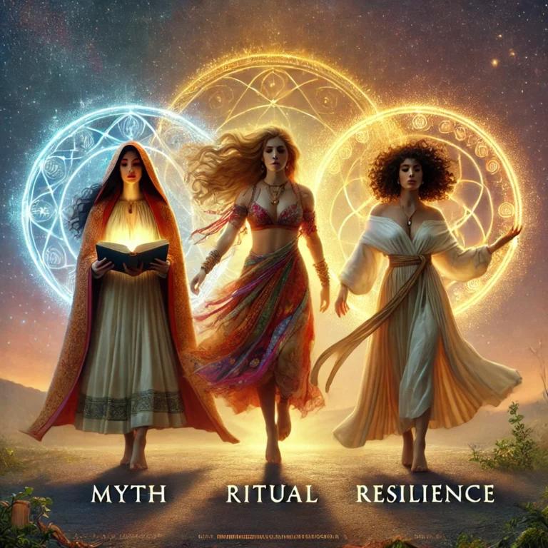 Poster-style image for a film series titled 'Collective Summoning_ A Trio of Myth, Ritual, and Resilience,' focusing on women and female spirituality.