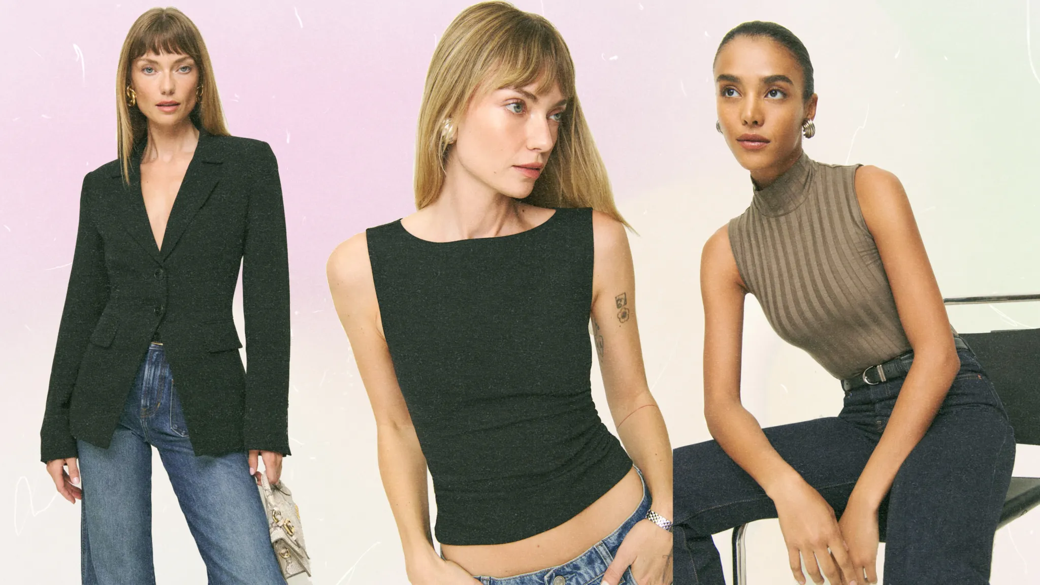 Three stylish models showcasing Reformation's Black Friday 2024 collection, featuring a black blazer, knit top, and sleeveless turtleneck.