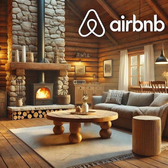Rustic Airbnb Interior in Rural Home A cozy Airbnb living room with a wooden floor, comfortable seating, a stone fireplace, and warm lighting, designed for hosting in remote or rural areas.
