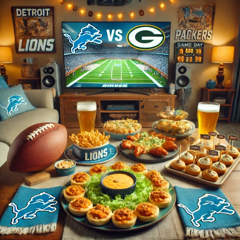 A cozy home setting featuring a Detroit Lions vs Green Bay Packers game day spread. The table is adorned with themed snacks like Detroit