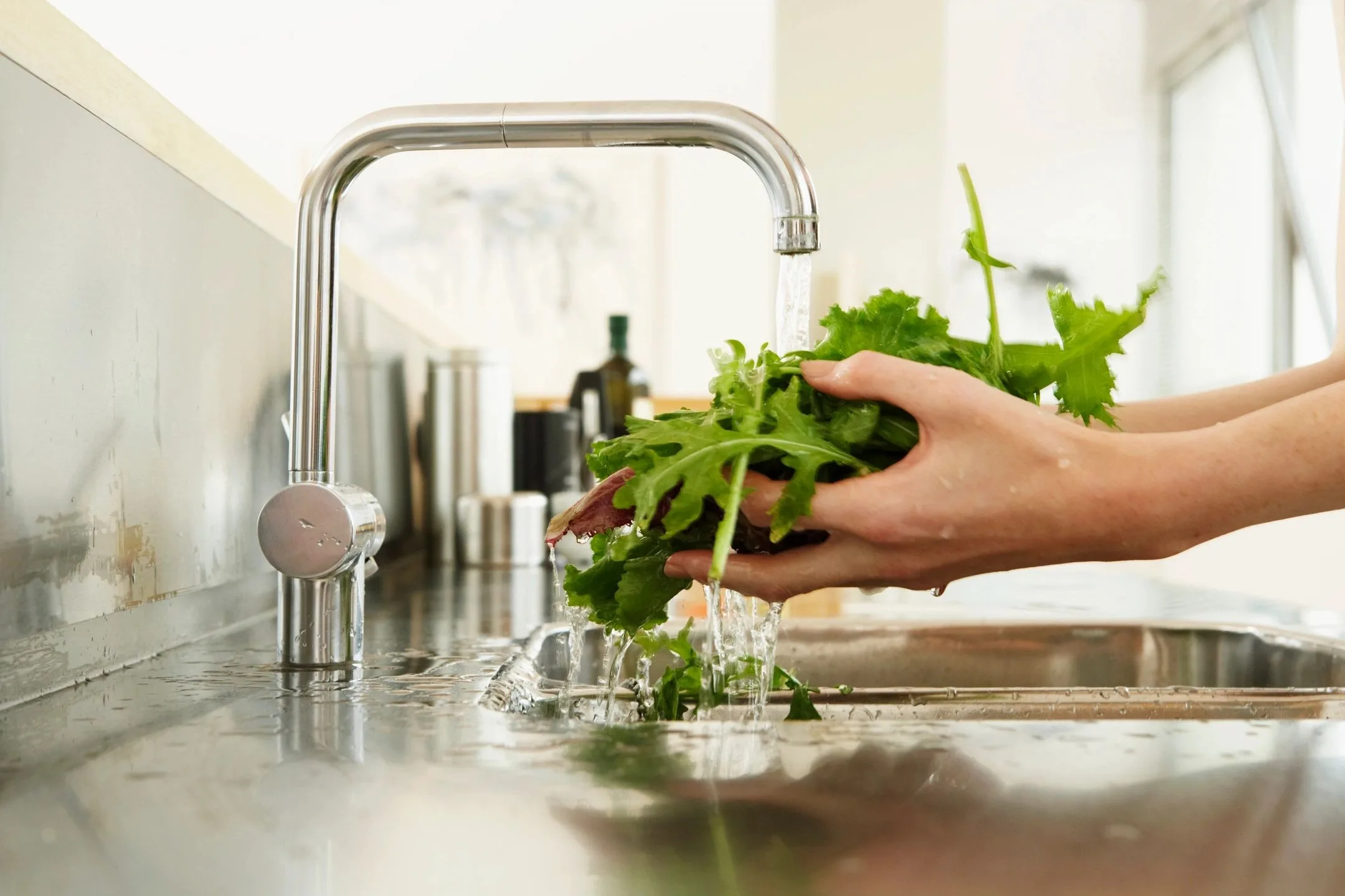 a person washing leafy greens under the faucet