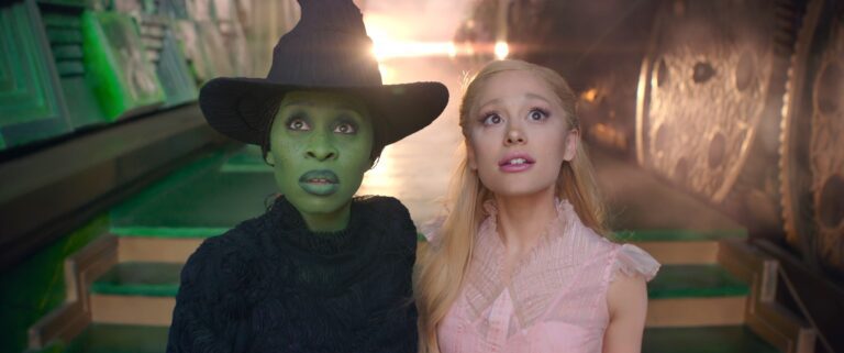 A stunning moment from Wicked featuring Cynthia Erivo as Elphaba and Ariana Grande as Galinda, brimming with magic and emotion.