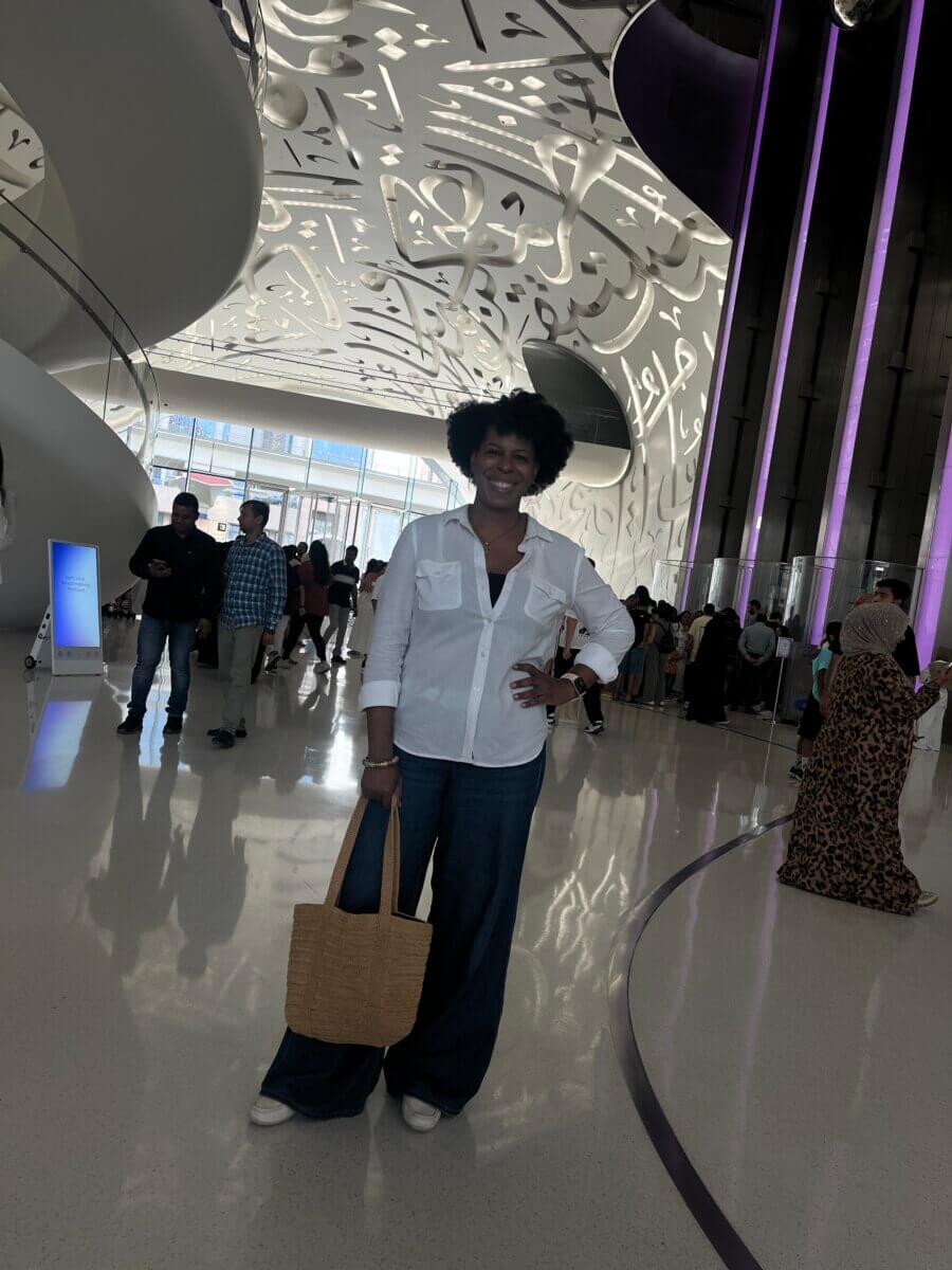 Mercedes standing inside the Museum of the Future during her 3 days in Dubai.