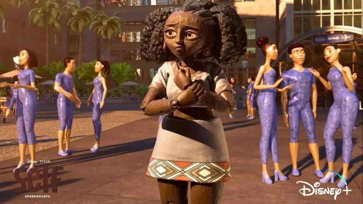 Wooden puppet character from Pixar’s Self (2024) stands nervously in a public square surrounded by shiny golden figures.