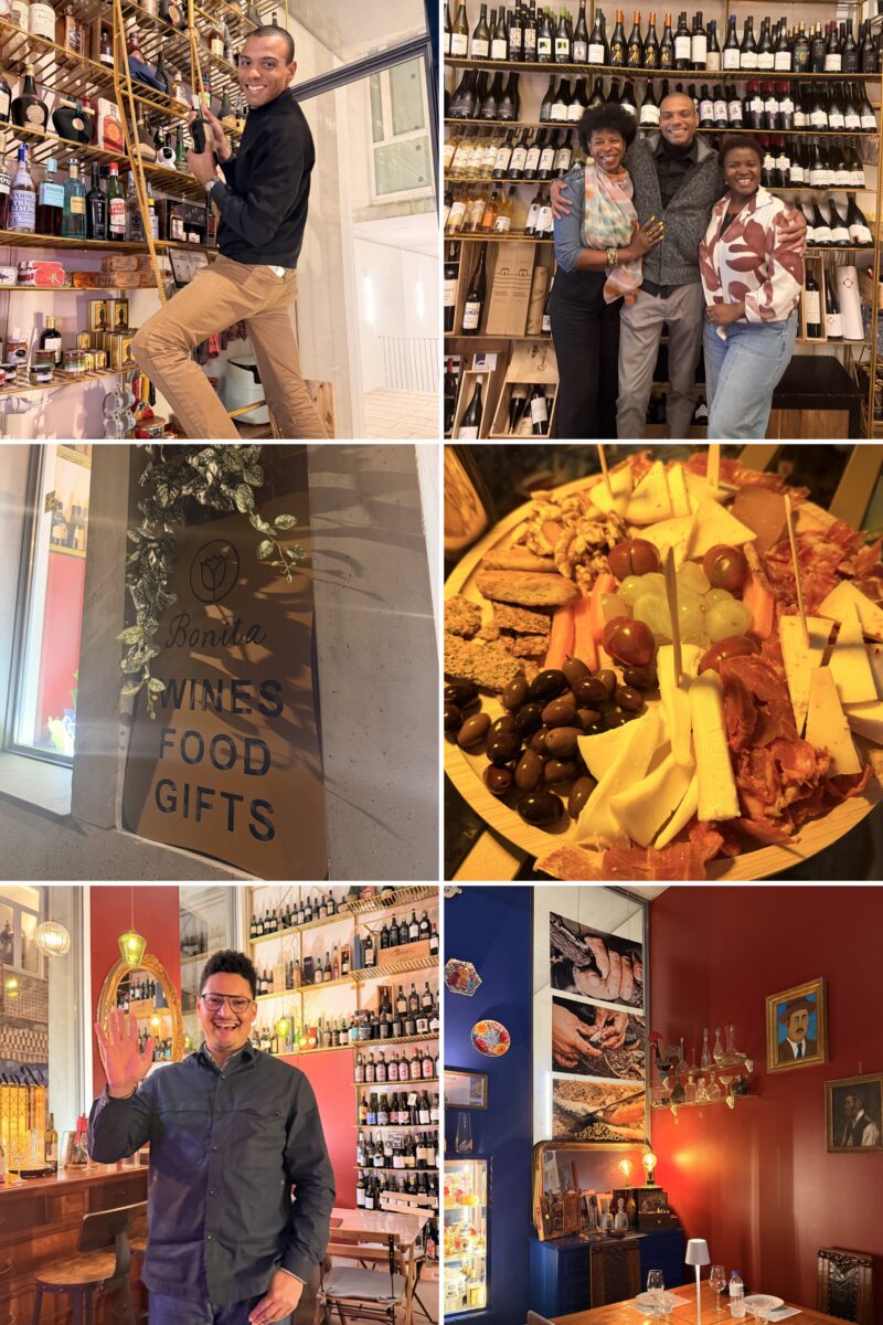 Collage of Bonita Wine Bar in Porto featuring Pedro selecting wine bottles, guests enjoying the cozy atmosphere, charcuterie boards, and the colorful interior of the family-owned wine bar.
