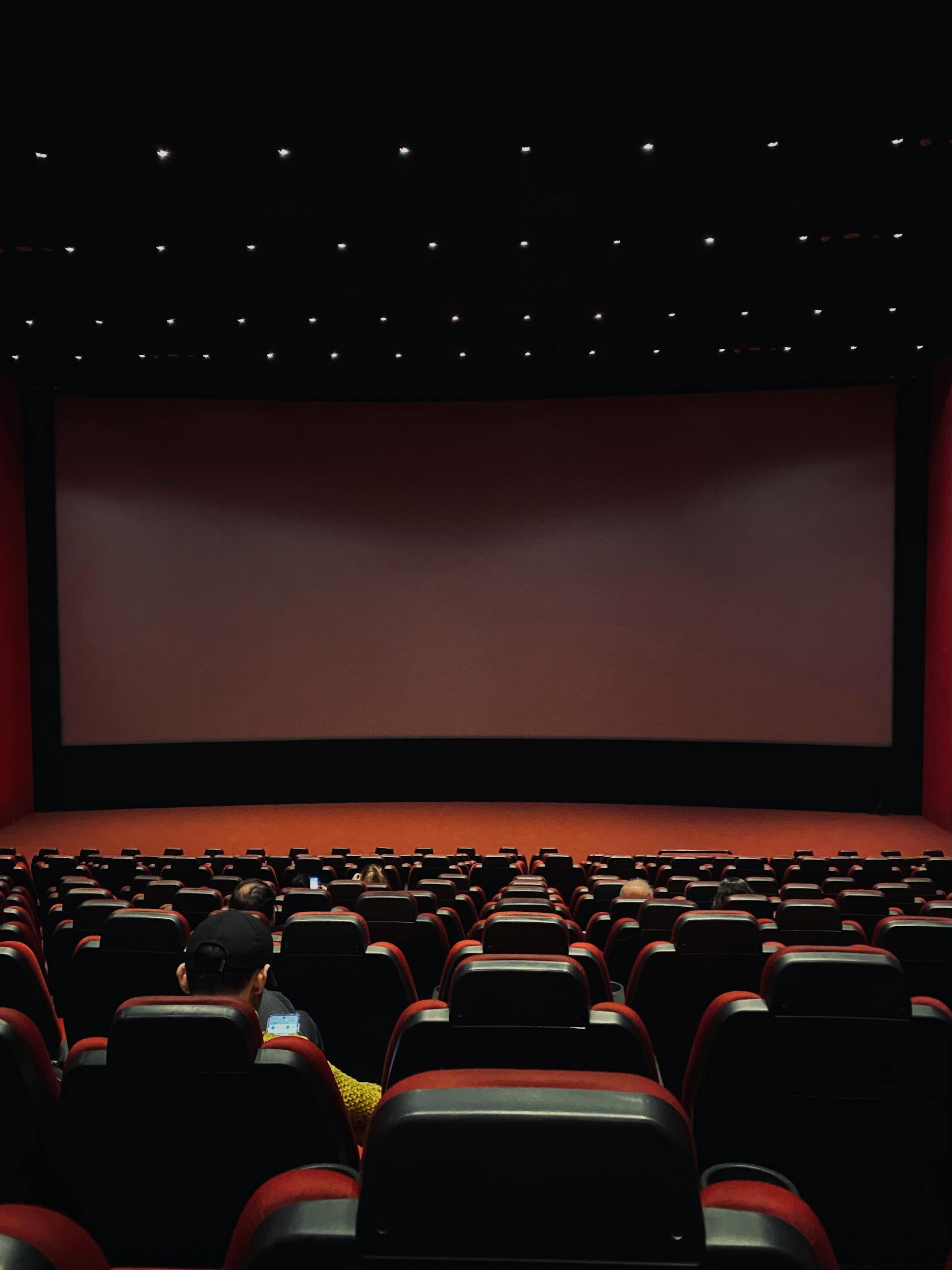Dimly lit cinema hall with red seats and a blank screen. Minimal audience. SXSW