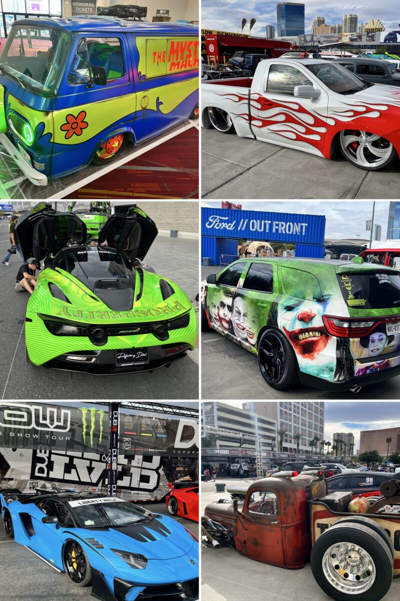 Collage of cars at Mercedes at Sema Show in Las Vegas