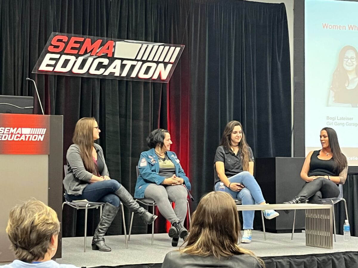 Panel of women in automotives speaking at the SEMA Show in Las Vegas