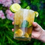 Hand holding a refreshing mint julep cocktail with ice, perfect for summer days.