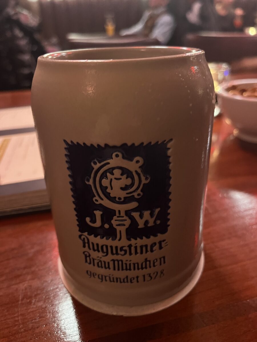 Augustiner Bräu München beer mug served inside Ratskeller München at Marienplatz