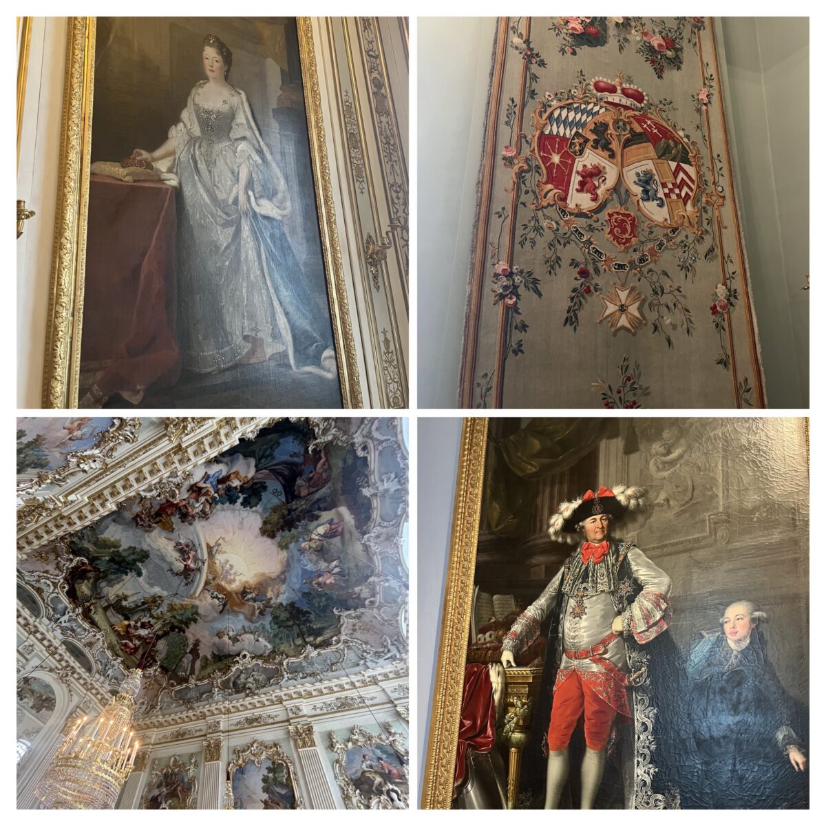 Collage of Nymphenburg Palace interiors in Munich, Germany, featuring royal portraits, Rococo ceiling frescoes, ornate heraldry, and lavish Baroque architecture.