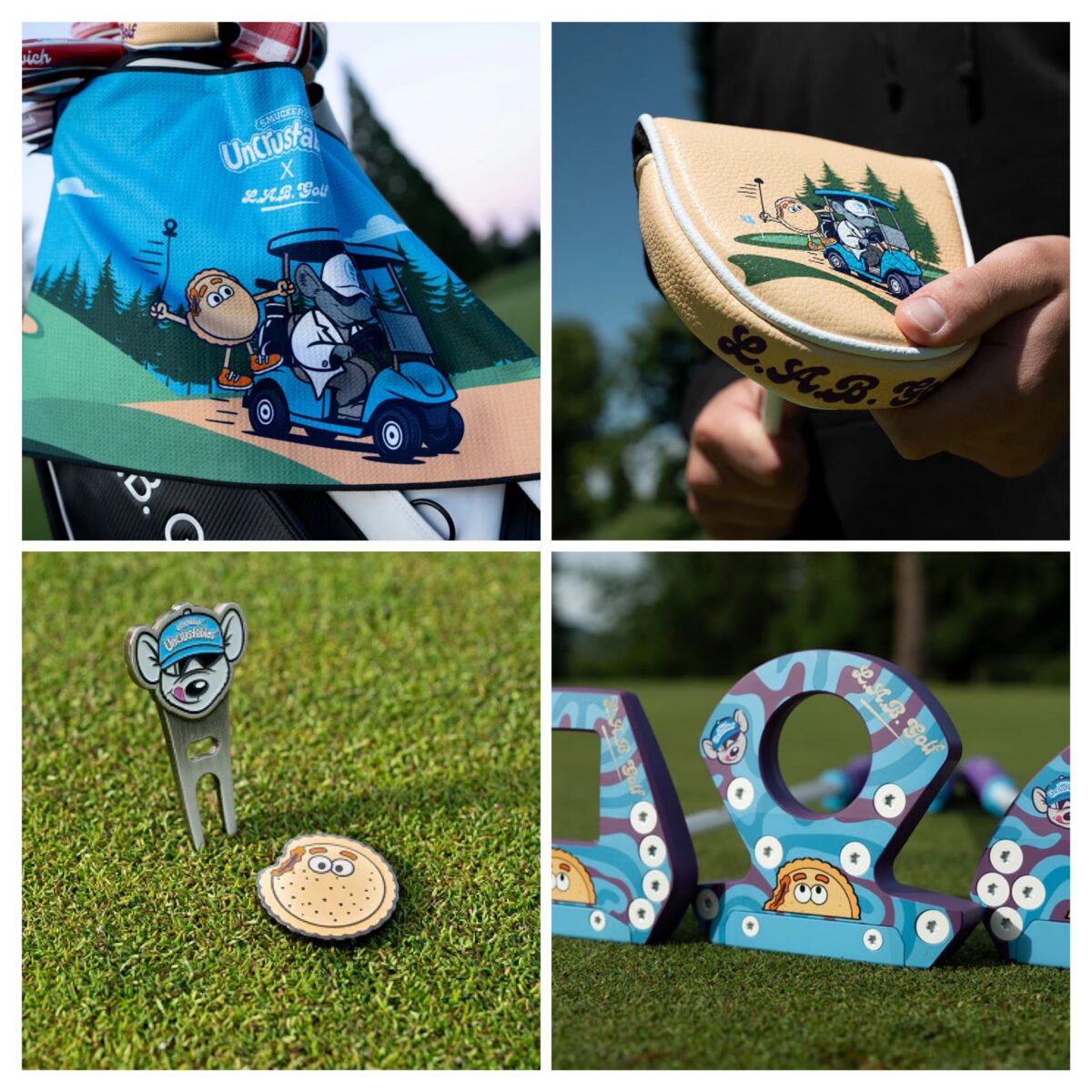 L.A.B. Golf x Uncrustables collaboration featuring headcovers, divot tool, ball marker, and golf accessories.