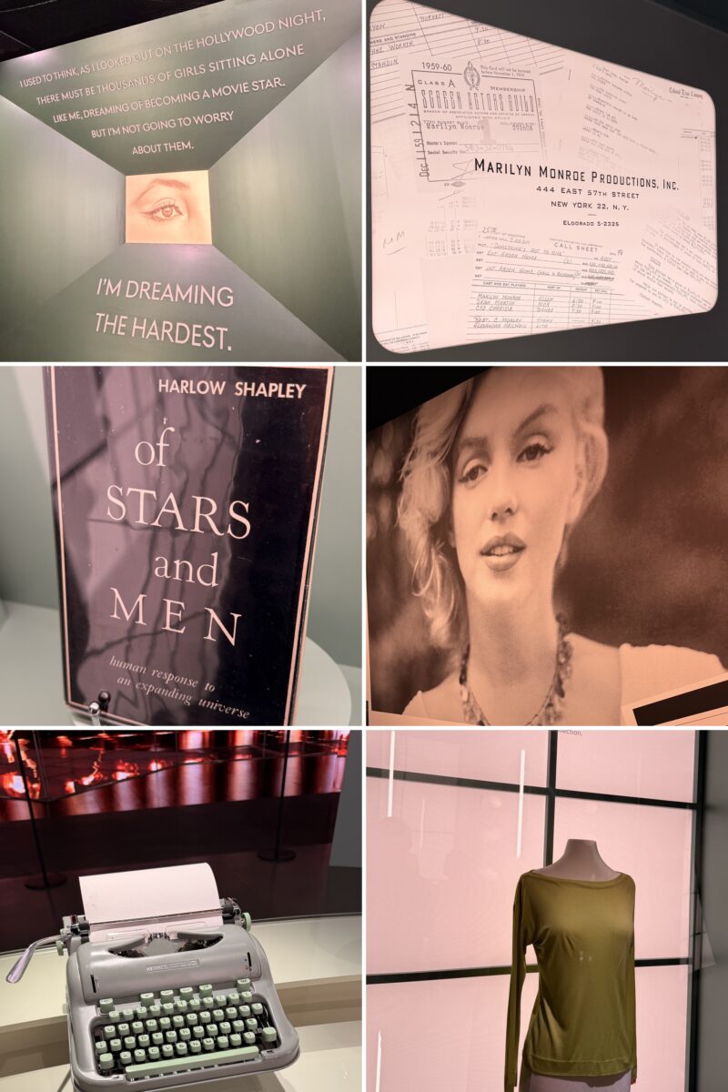 Collage of exhibits from Manifesting Marilyn: The Making of an Icon at Genesis House in New York City, featuring Marilyn Monroe quotes, personal artifacts, writing tools, books, and costume pieces.