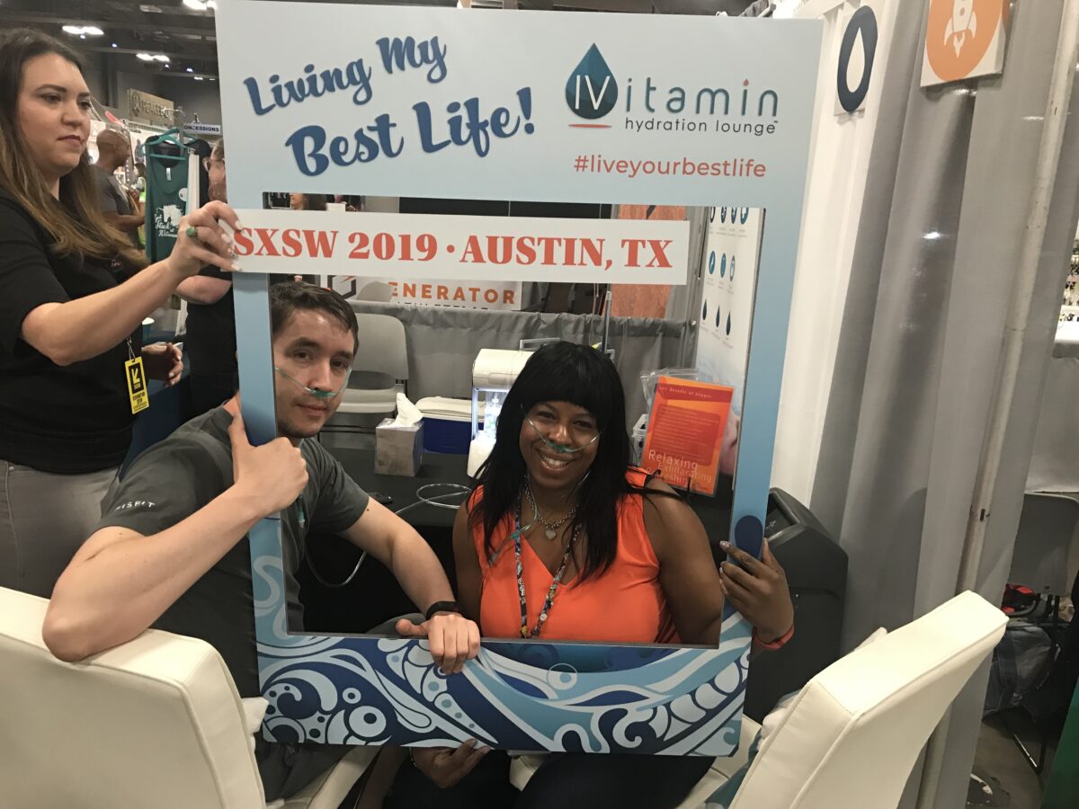 Mercedes Diane Griffin Forbes and a companion receiving IV hydration at the IVitamin Hydration Lounge during SXSW 2019 in Austin, Texas