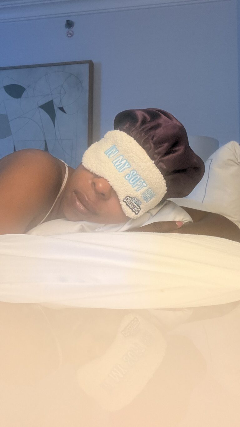 Mercedes wearing her Oreo mask to bed