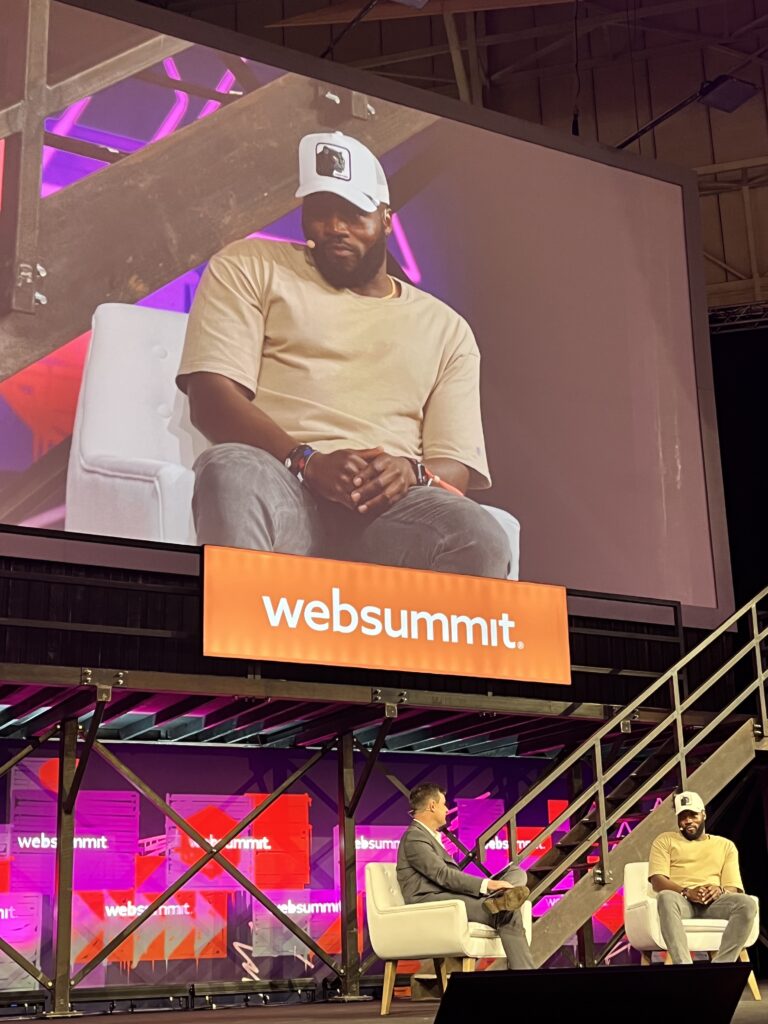 Martins Imhangbe, who plays boxer Will Mondrich in Bridgerton, speaking at Web Summit 2022 in Lisbon