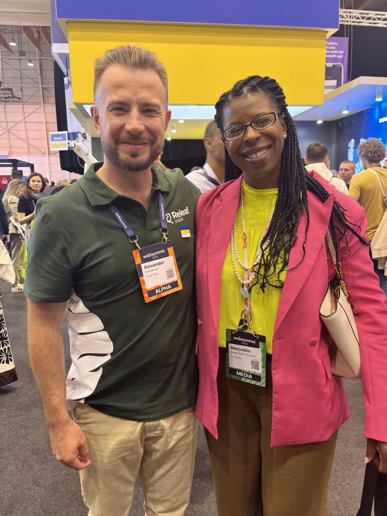 Mercedes Diane Griffin Forbes with Oleksandr Sokolovskyi of Releaf Paper at Web Summit Lisbon