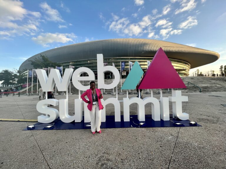 Mercedes Diane Griffin Forbes outside the Web Summit entrance in Lisbon, Portugal