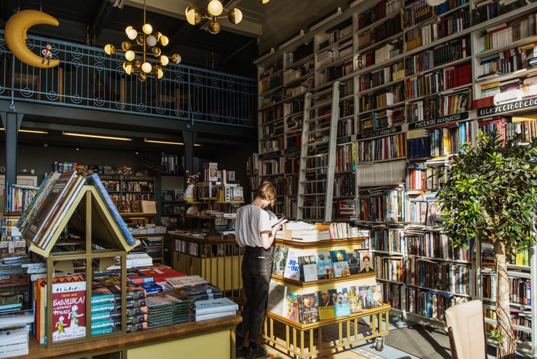 A Bookstore Tells Me What a City Wants to Remember - A person enjoys a book in a sunlit, cozy bookstore filled with a variety of books.