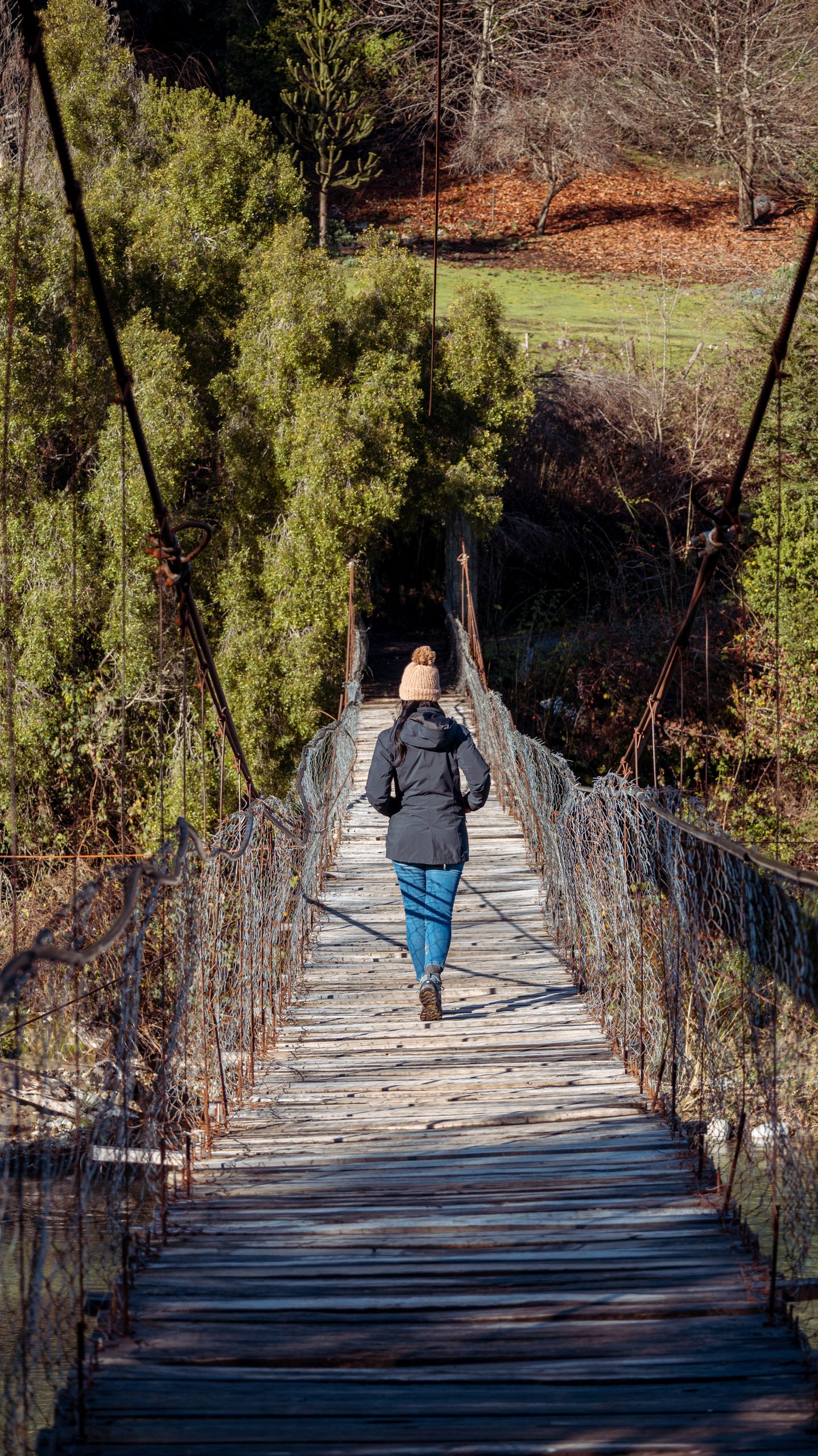 A Good Local Walk Can Change the Whole Day - A woman in a winter coat walks on a wooden bridge surrounded by trees in a natural setting.
