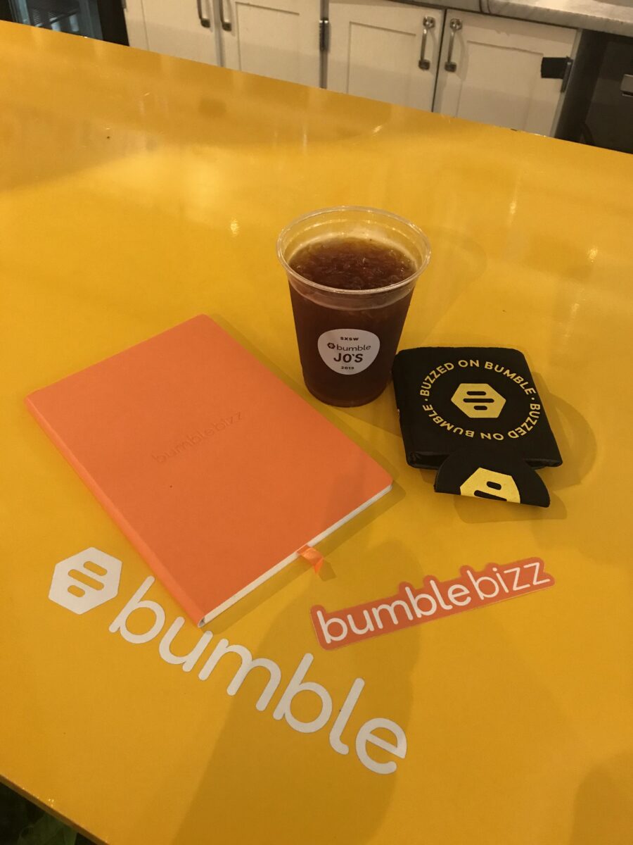 Bumble Bizz notebook and branded materials at the Bumble House during SXSW 2019