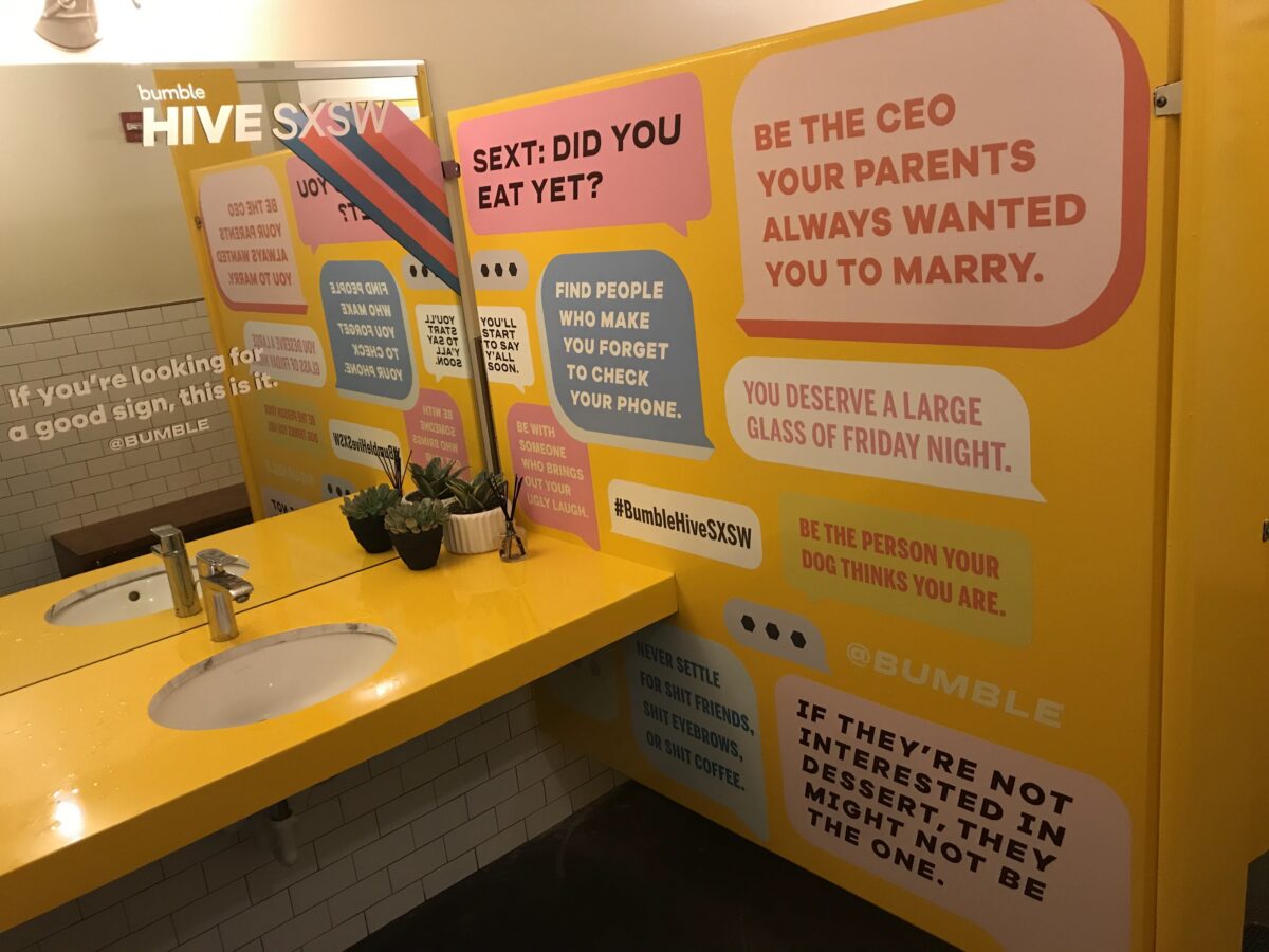 Colorful Bumble Hive SXSW display inside the Bumble House in Austin in 2019
