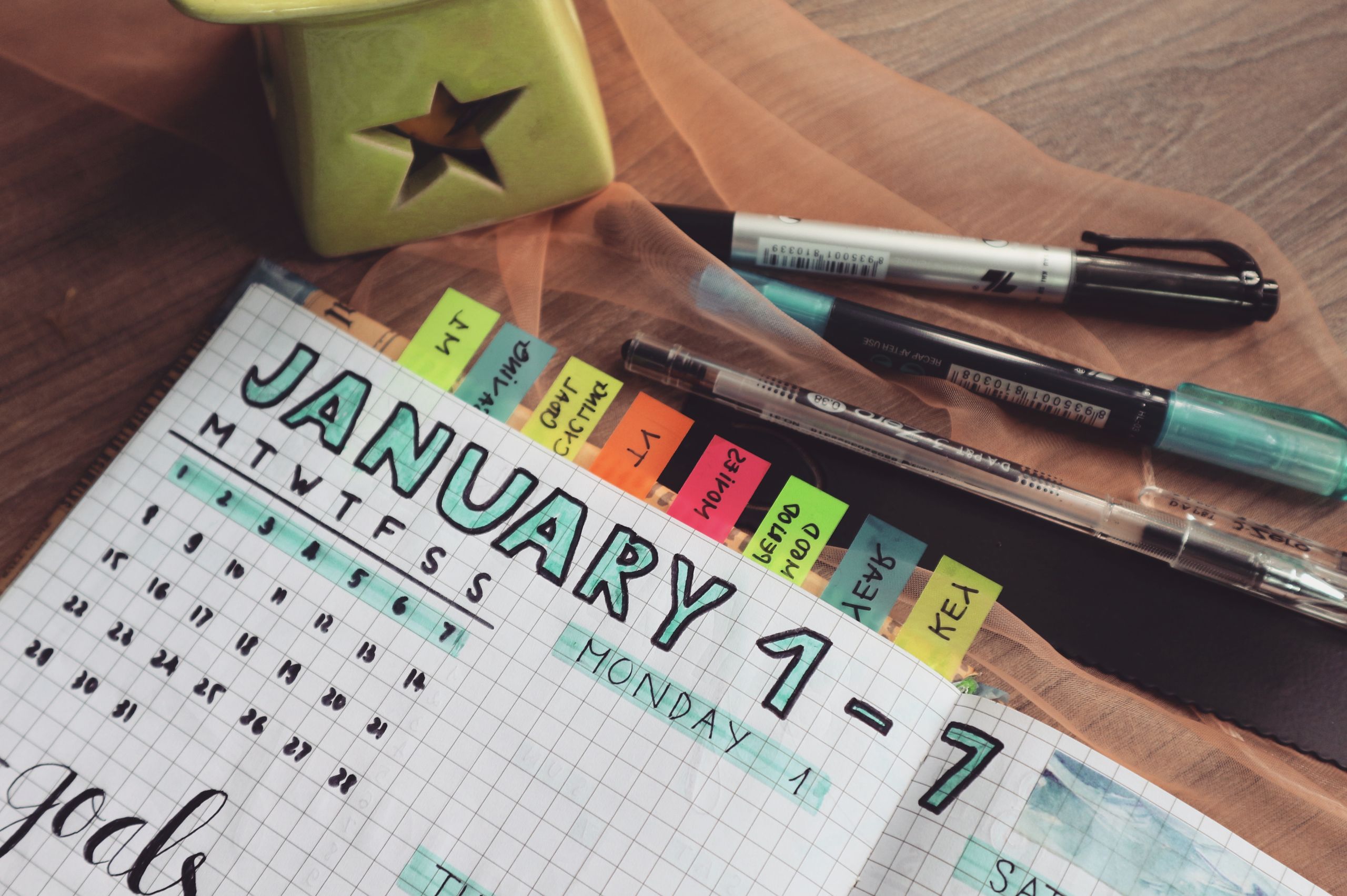 I Am Not Reinventing Myself This January - A detailed planner with goals and colorful tabs on a wooden desk with pens.