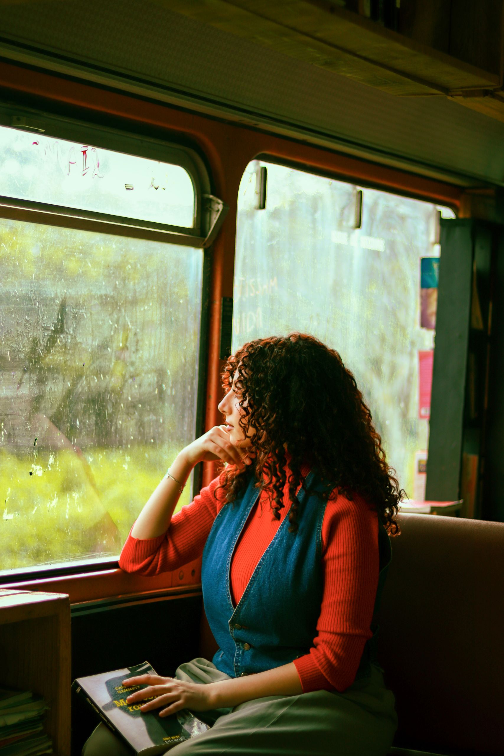 I Want a Life That Still Leaves Room for Wonder - Curly-haired woman looks out train window while holding a book, during a daytime journey.