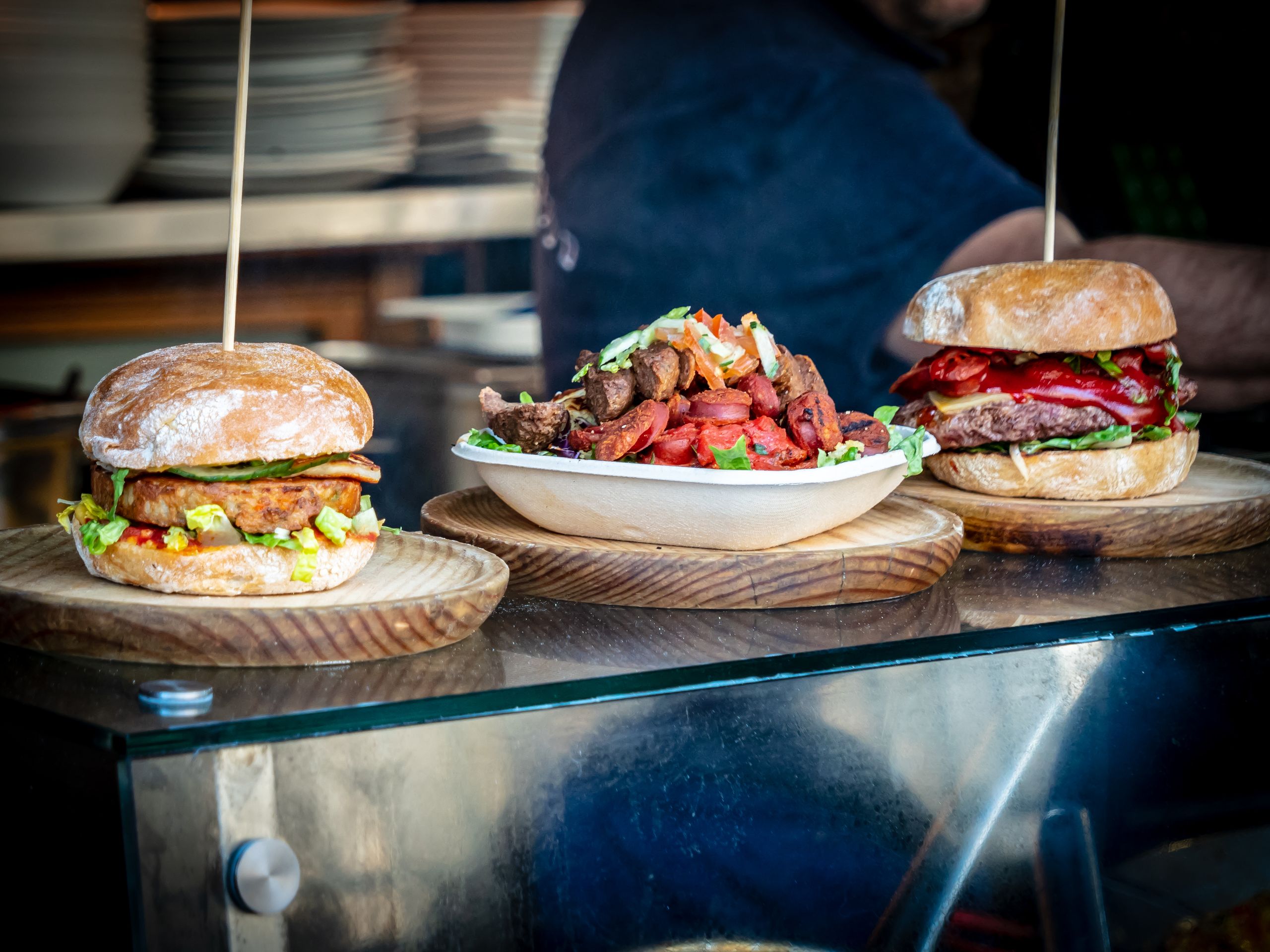Market Lunch - Mouth-watering burgers and salad served at Borough Market, London.