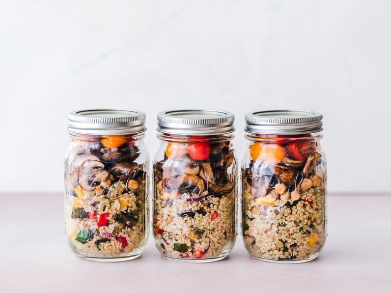 I Respect the Food That Lasts All Week - Colorful quinoa salad jar with roasted veggies, ideal for healthy meal prep.