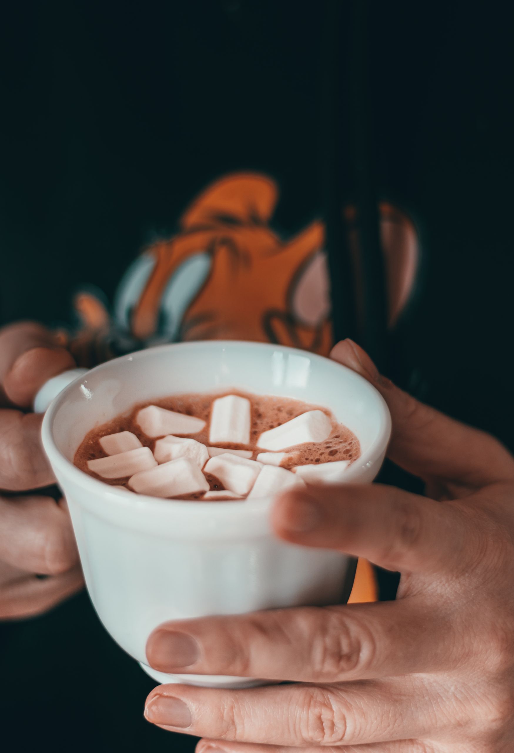 Sip, Savor, and Melt Away: Celebrating National Hot Chocolate Day Across the USA Close-up of hands holding a warm cup of hot chocolate topped with marshmallows.
