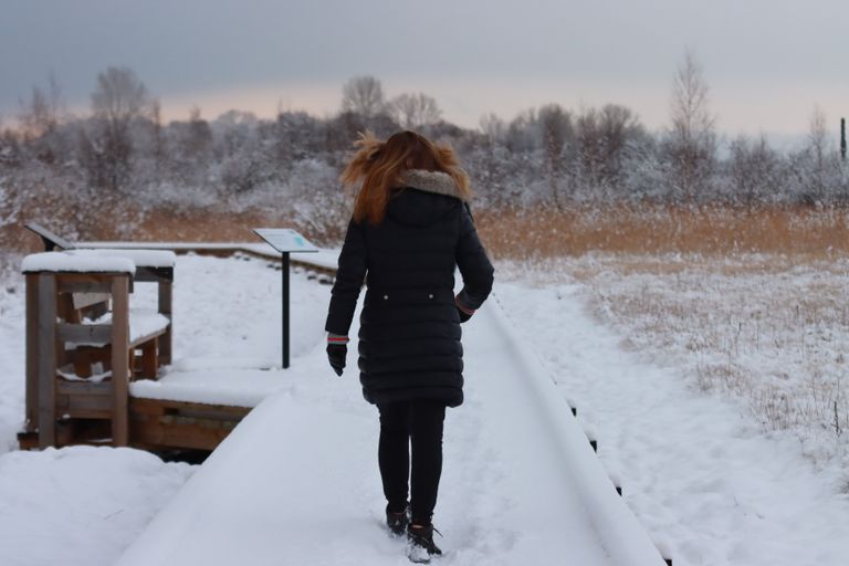 What I Leave Behind on a December Walk - Rear view of a woman in a black jacket walking on a snowy path through a winter landscape.