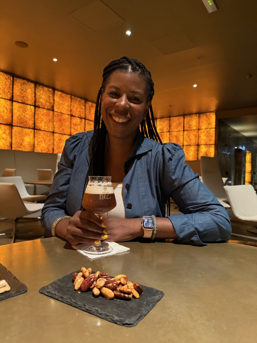 Mercedes doing a tasting during her tour of the Super Bock facility