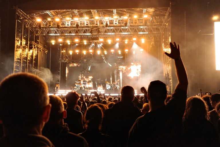 Energetic night concert with a cheering crowd and bright stage lights creating an electrifying atmosphere.